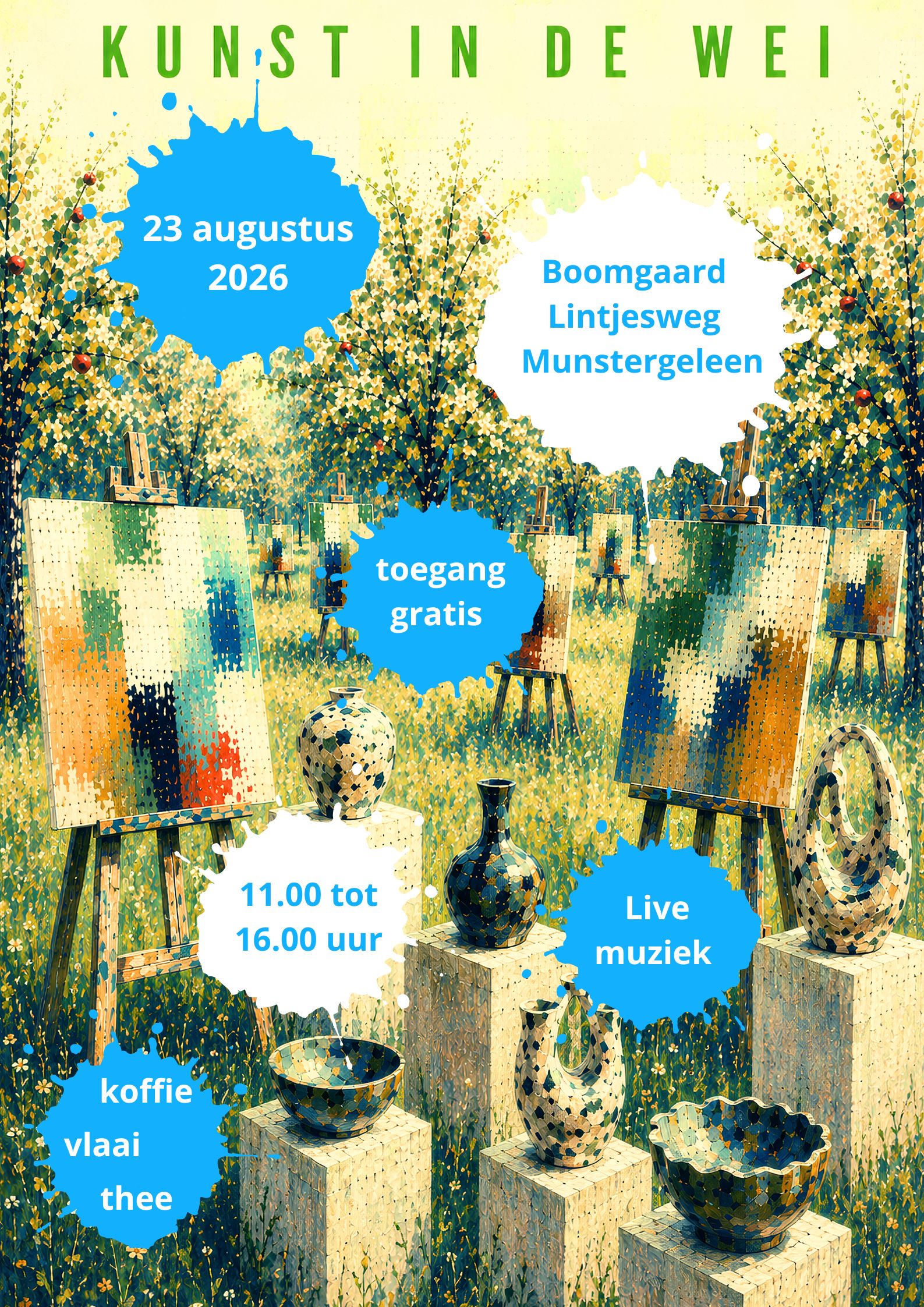 Kunst in de wei 2026 - KidW'26 vindt plaats op 23 augustus 2026 van 11:00-16:00 in boomgaard Lintjesweg Munstergeleen